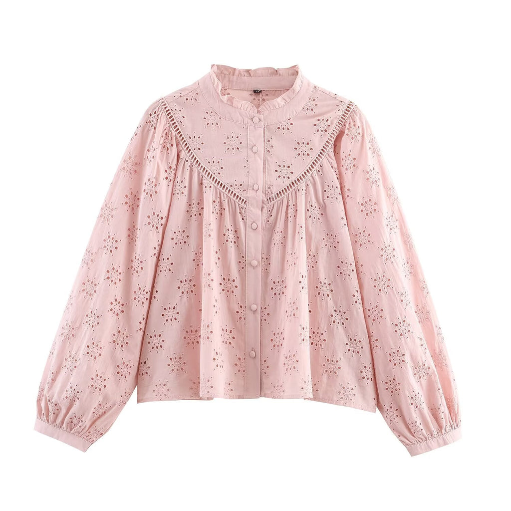 Women Clothing Casual Hollow Out Cutout Embroidered Shirt - P's One-Stop Shop 