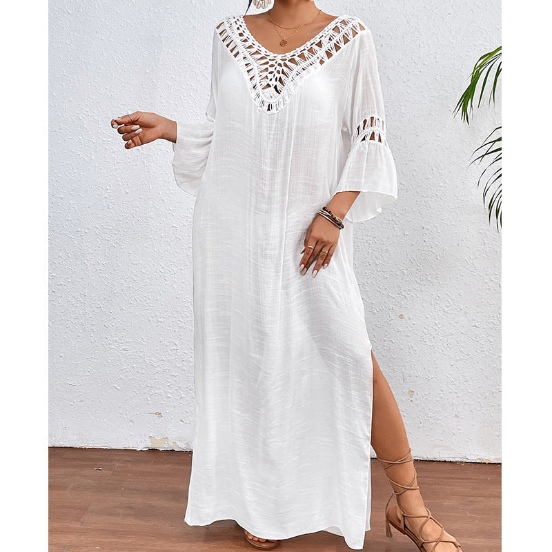 Women Clothing Hand Crocheting Stitching Colorful Ball Sexy Hollow Out Cutout out Backless Loose Beach Long Overskirt - P's One-Stop Shop 