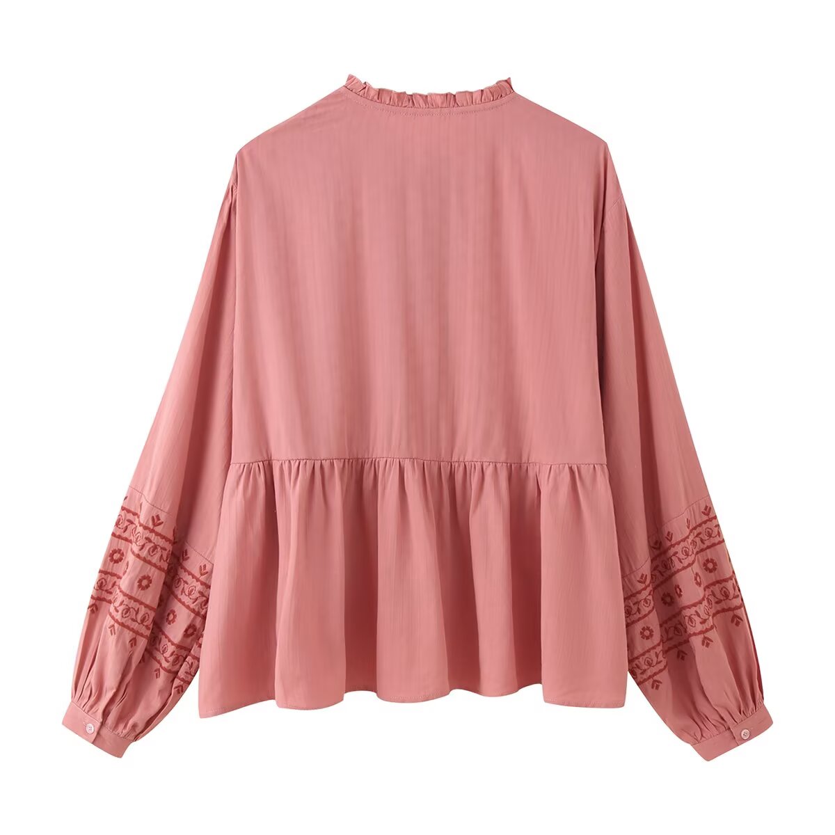Women Clothing Long Sleeve Contrast Color Embroidered Shirt - P's One-Stop Shop 