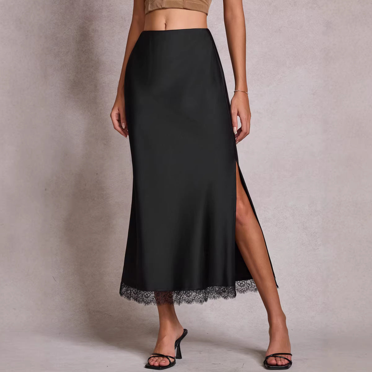 Women Clothing Satin Skirt Lace Split High Waist Elastic Sexy Sheath Skirt - P's One-Stop Shop 