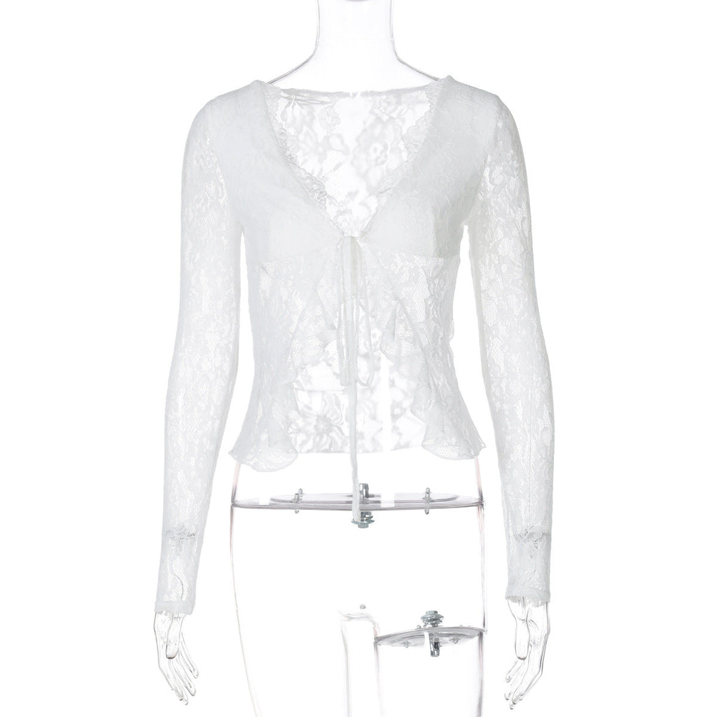 Women Clothing Sexy Lace See through V neck Cardigan Lace up Long Sleeve Top - P's One-Stop Shop 