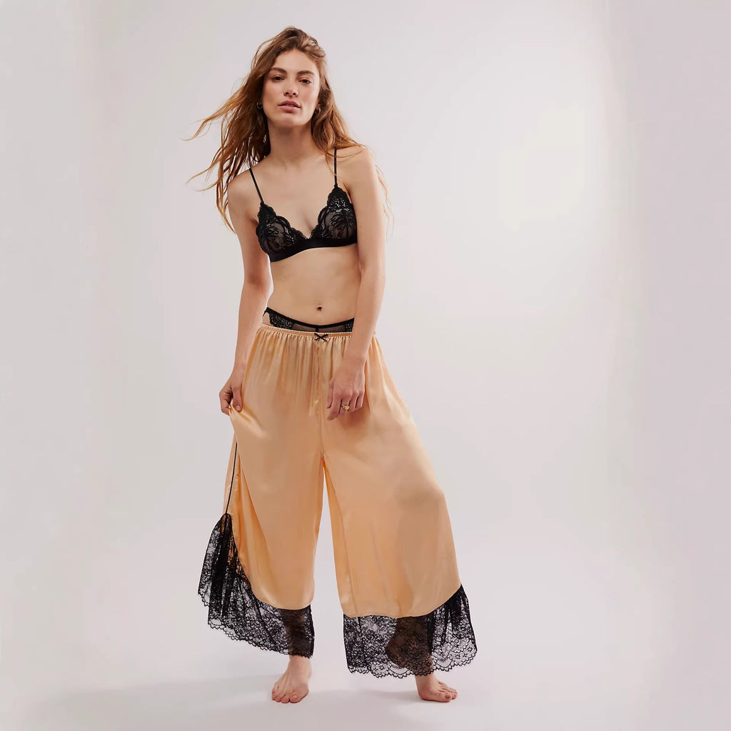 Women Lace Satin Stitching Loose Wide Leg Casual Trousers Office - P's One-Stop Shop 