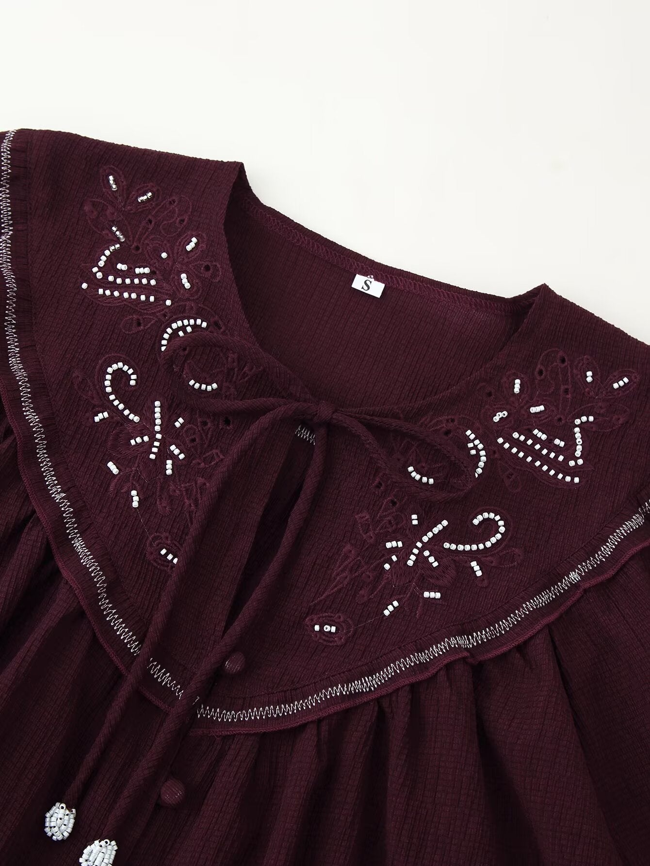 Women Long Sleeve Casual Beaded Embroidered Shirt - P's One-Stop Shop 