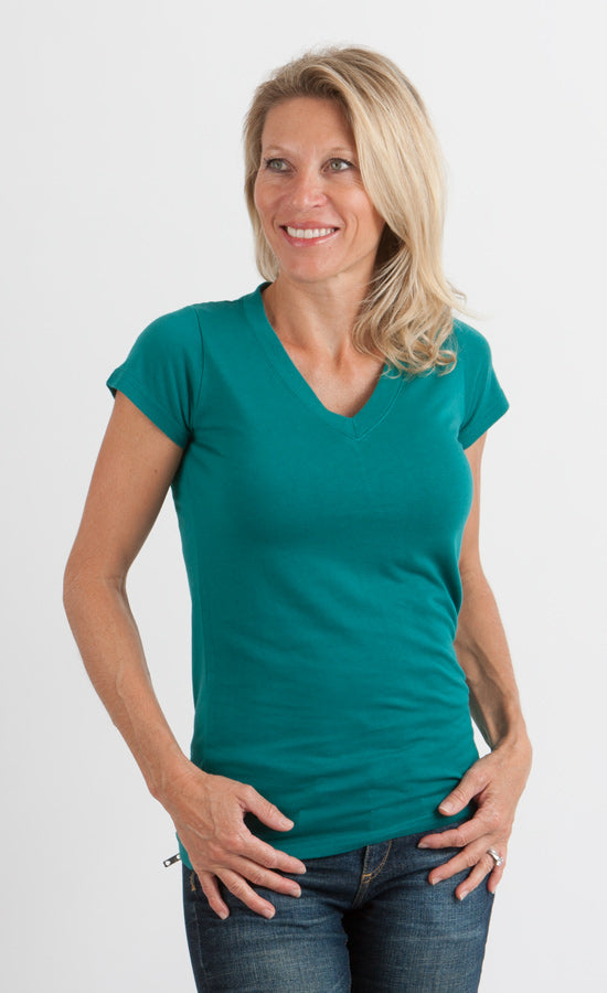 Women's Bamboo Viscose/Cotton V-Neck Cap Sleeve T-Shirt - P's One-Stop Shop 