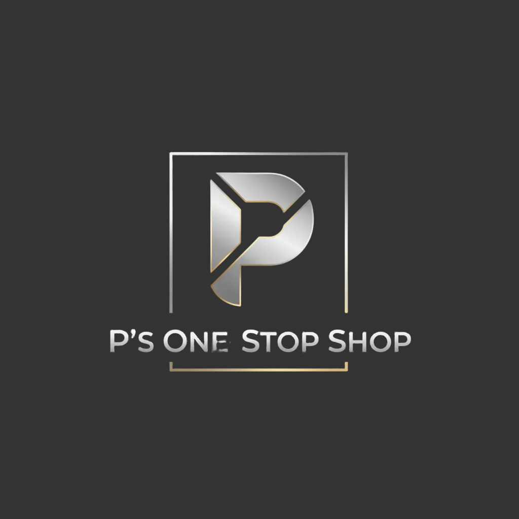 Logo of P's One-Stop Shop with a stylized letter 'P' on a dark background