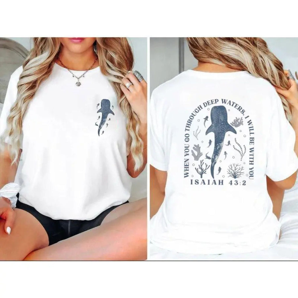 "When You Go Through Deep Waters" Christian T-Shirt - Isaiah 43:2 Inspirational Faith Tee, Scripture Verse Religious Graphic Shirt, Premium Heavyweight Hope & Encouragement Top, Minimalist Christian Gift for Women & Men, Ocean Inspired Spiritual Apparel - P's One-Stop Shop 